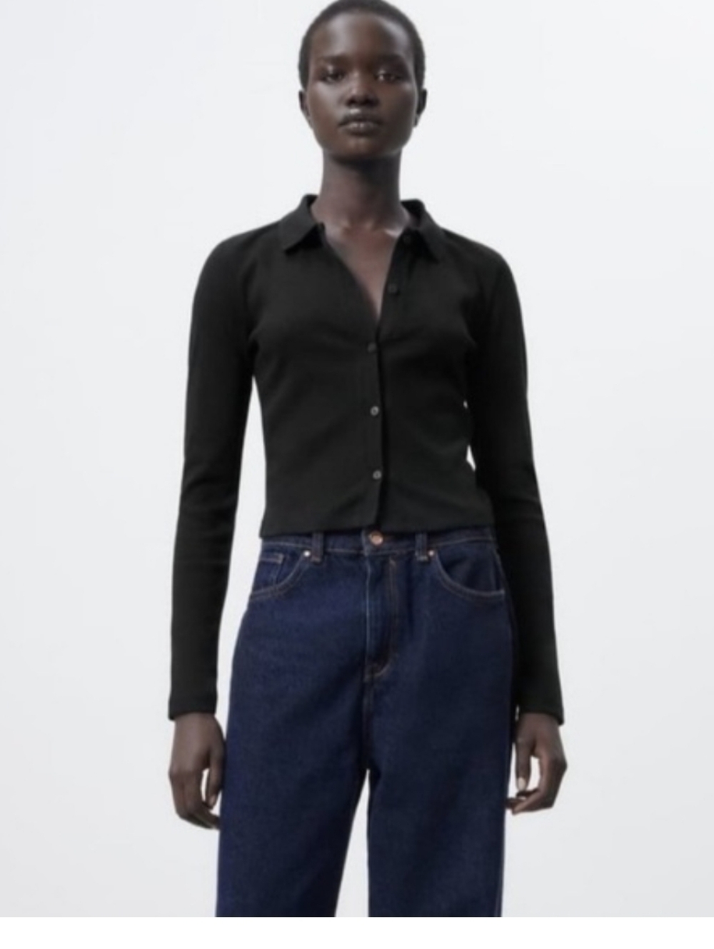 Zara Black Button-Up Collared Long-Sleeve Top Large